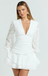 Bijou Mini Dress - Embroidery Long Sleeve Dress in White