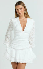 Bijou Mini Dress - Embroidery Long Sleeve Dress in White