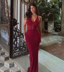 Kristy Mesh Corset Lace-Up Slit Formal Dress