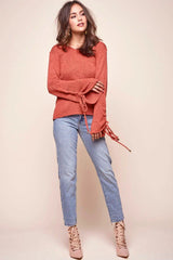 Cairo Knitted Long Tie Sleeved Top Rust