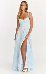 Rachel Maxi Dress - Sweetheart Neckline Jacquard Front Split Dress In Ice Blue