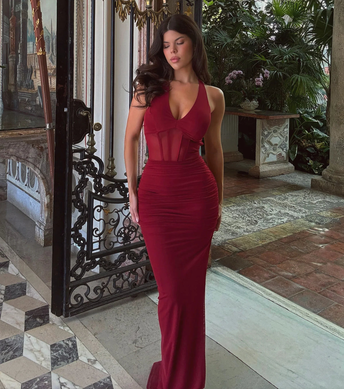 Kristy Mesh Corset Lace-Up Slit Formal Dress