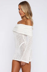 Can't Leave Me Long Sleeve Boucle Mini Dress White