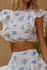 Wild And Free Pintuck Pleat Ruffle Crop Top Floral Beige