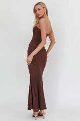 Calluna Strapless Sheer Godet Hem Maxi Dress Chocolate