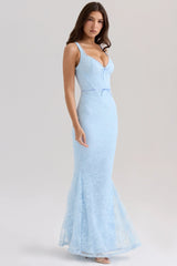 blue lace godet maxi dress